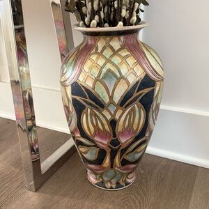 Large Ceramic Porcelain Hand painted Gold Blue Pink Brown Floral Flower Vase